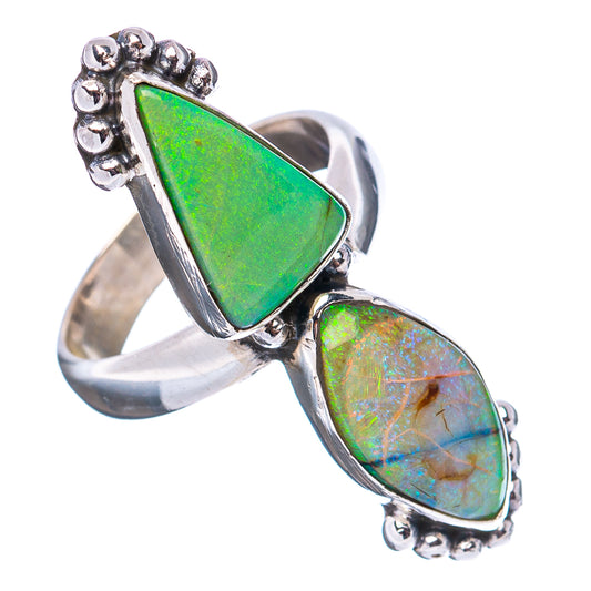 Sterling silver opal ring with green and blue teardrop cabochons in bead prongs