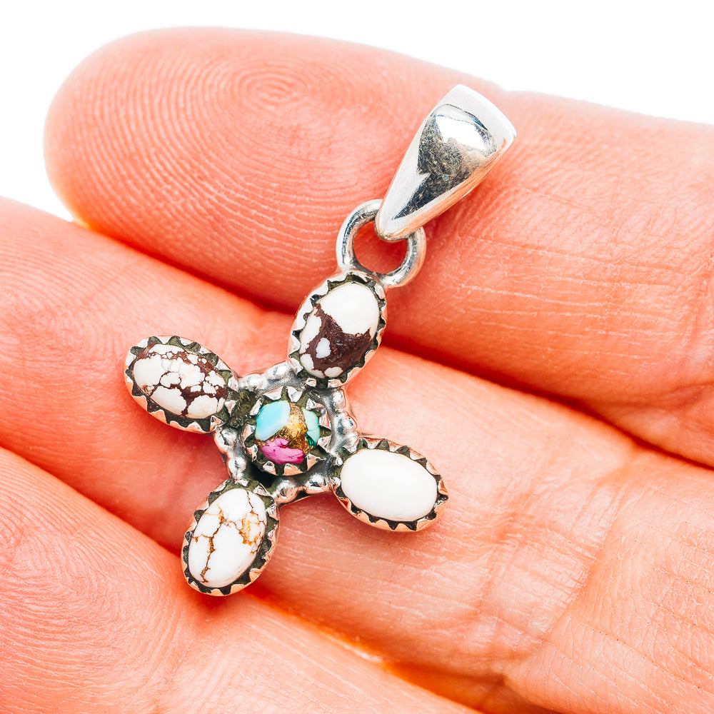 Southwestern Style Wild Horse Jasper Cross, Cotton Candy Turquoise Pendant 1 1/4" (.925 Sterling Silver)