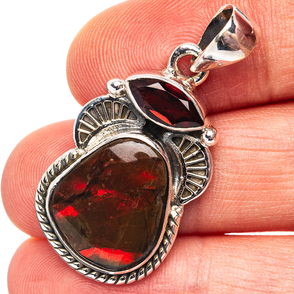 Premium Canadian Ammolite, Garnet Pendant 1 3/8" (.925 Sterling Silver)