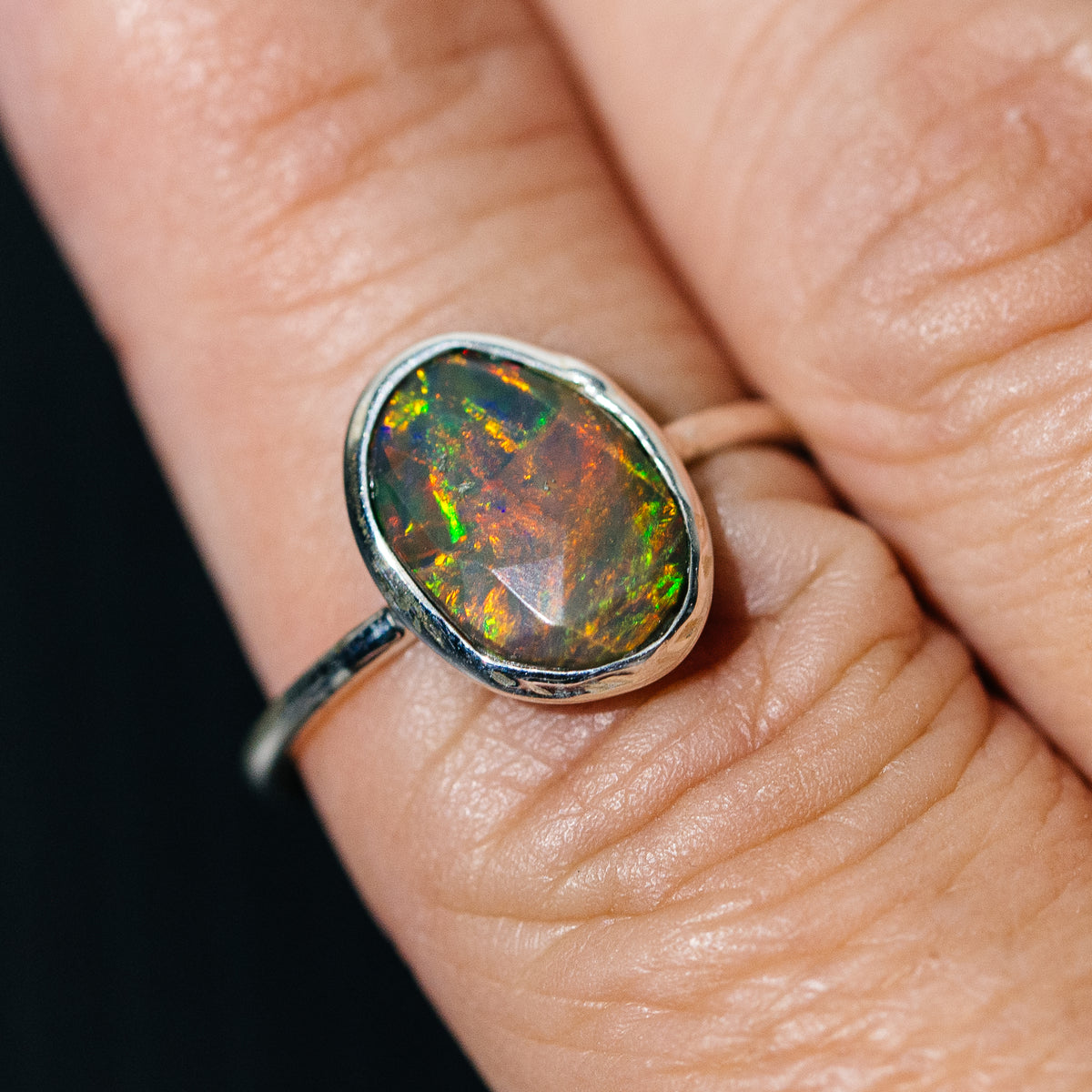 Black Ethiopian Opal Dainty Ring Size 8 (.925 Sterling Silver)