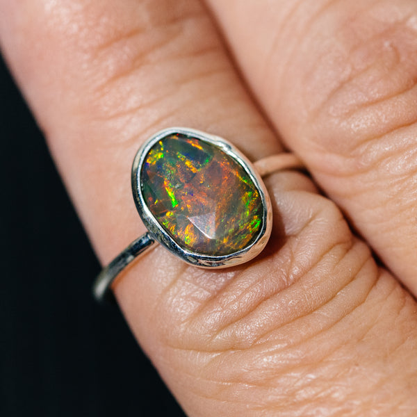 Black Ethiopian Opal Dainty Ring Size 8 (.925 Sterling Silver)