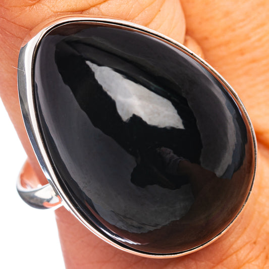 Sterling silver oval obsidian ring, dark glossy stone in bezel setting