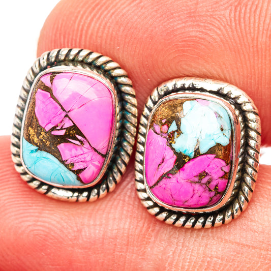 Oval pink and blue stone stud earrings with rope-edge .925 sterling silver setting
