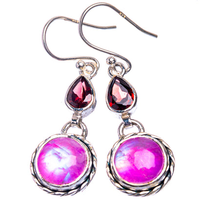 Pink Moonstone, Garnet Earrings 1 5/8" (925 Sterling Silver) E432580