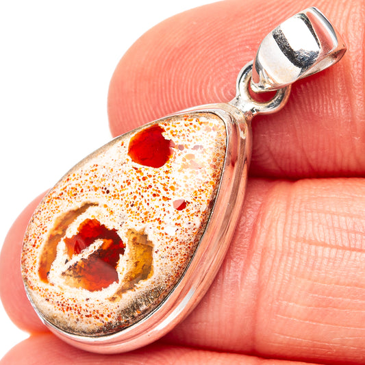Sterling silver teardrop opal pendant, red-orange speckled stone with bail