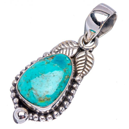 Turquoise oval leaf pendant in .925 sterling silver, side view with ornate feather design