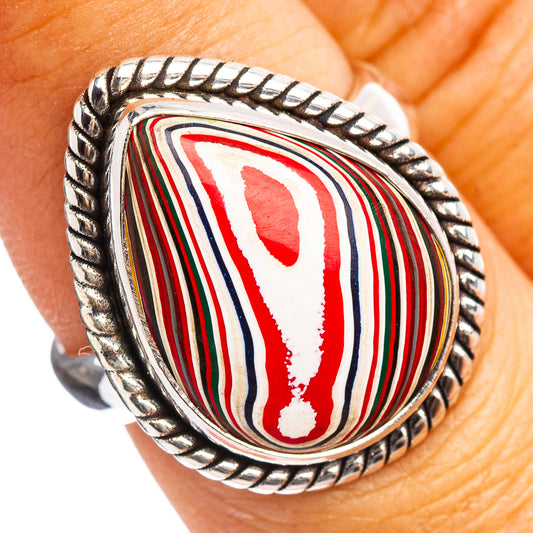 Size 7 sterling silver Fordite ring with oval red, white, blue, green striped cabochon