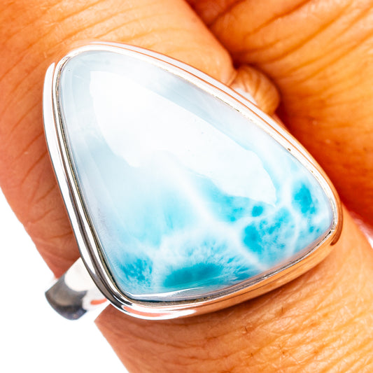 Sterling silver larimar cabochon ring with oval blue gemstone and white veining