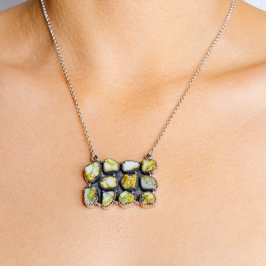 Sterling silver turquoise and yellow stone cluster pendant necklace