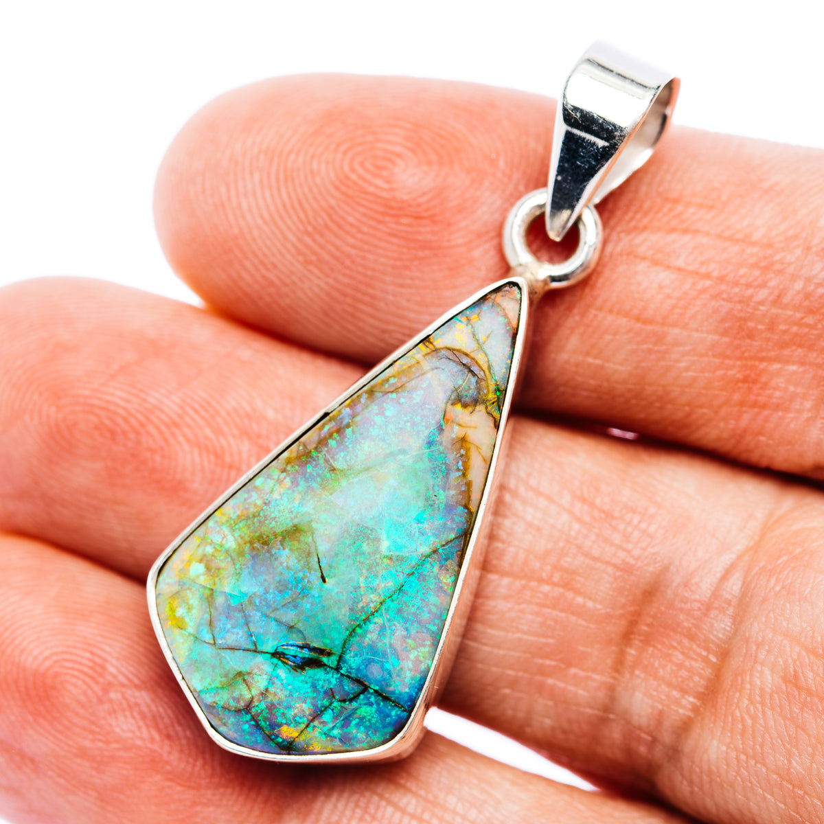 925 sterling silver teardrop opal pendant with bail, iridescent rainbow pattern