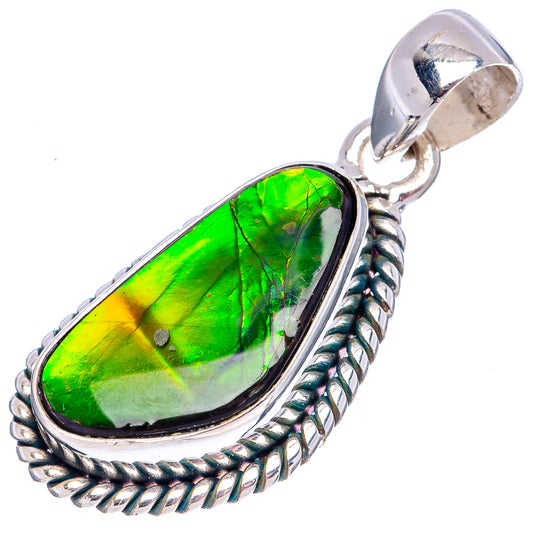 Sterling silver ammolite pendant with oval iridescent green and yellow stone, loop bail