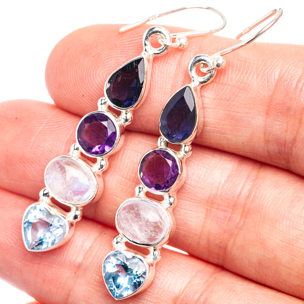 925 sterling silver drop earrings with teardrop amethyst, blue topaz, moonstone stones
