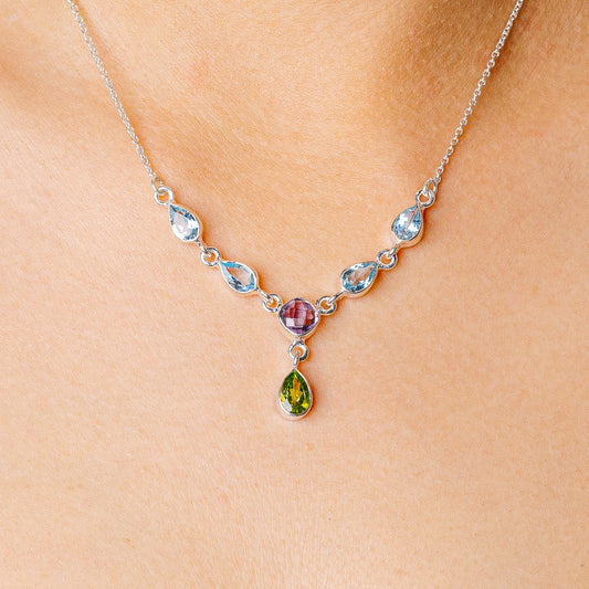 Faceted Peridot, Amethyst, Blue Topaz Necklace 16 3/4 To 18 1/2" (925 Sterling Silver) N90160