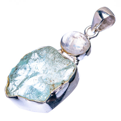 Raw Aquamarine, Rainbow Moonstone 925 Sterling Silver Pendant 1 3/4" (925 Sterling Silver) PD38629