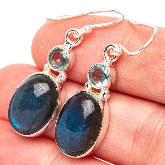 925 silver drop earrings with dark blue teardrop labradorite stones and small blue round accents