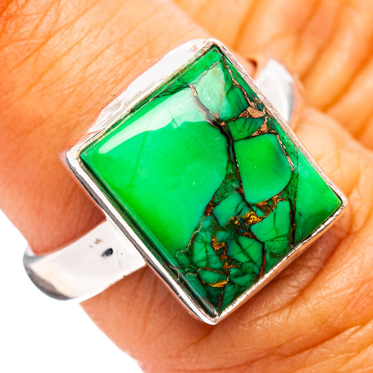 Square green turquoise ring with copper web pattern and .925 sterling silver band