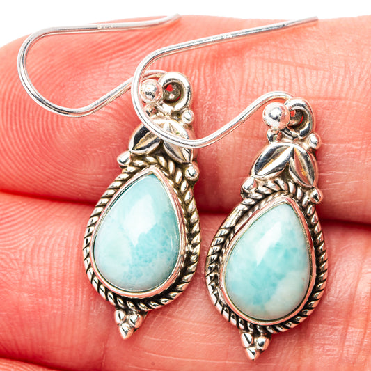 Sterling silver larimar teardrop earrings with ornate rope bezel and fishhook backs