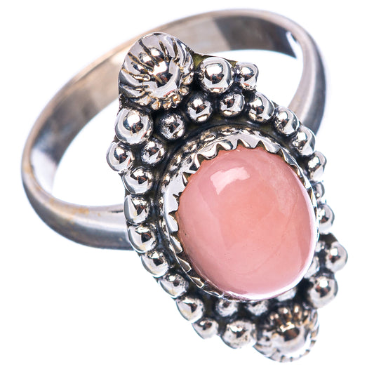 Pink opal cabochon ring in .925 sterling silver with beaded border
