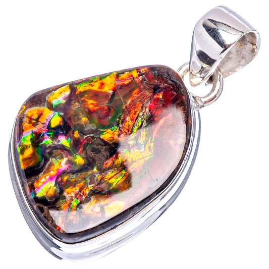 Sterling silver ammolite pendant with iridescent multicolor stone, teardrop shape