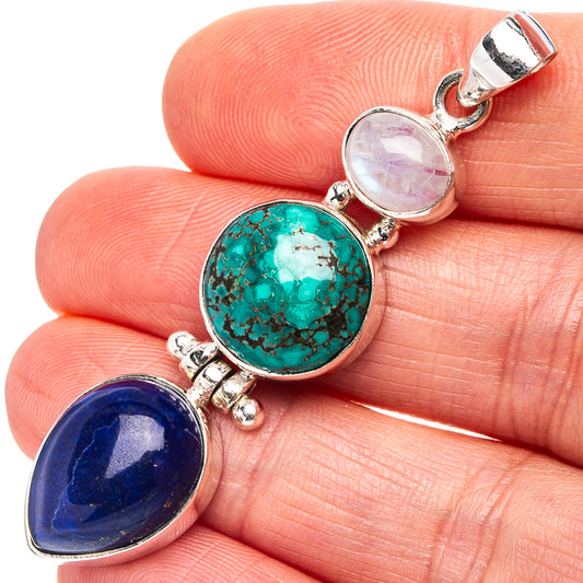 Sterling silver pendant with oval turquoise, lapis blue, and moonstone-like center stones