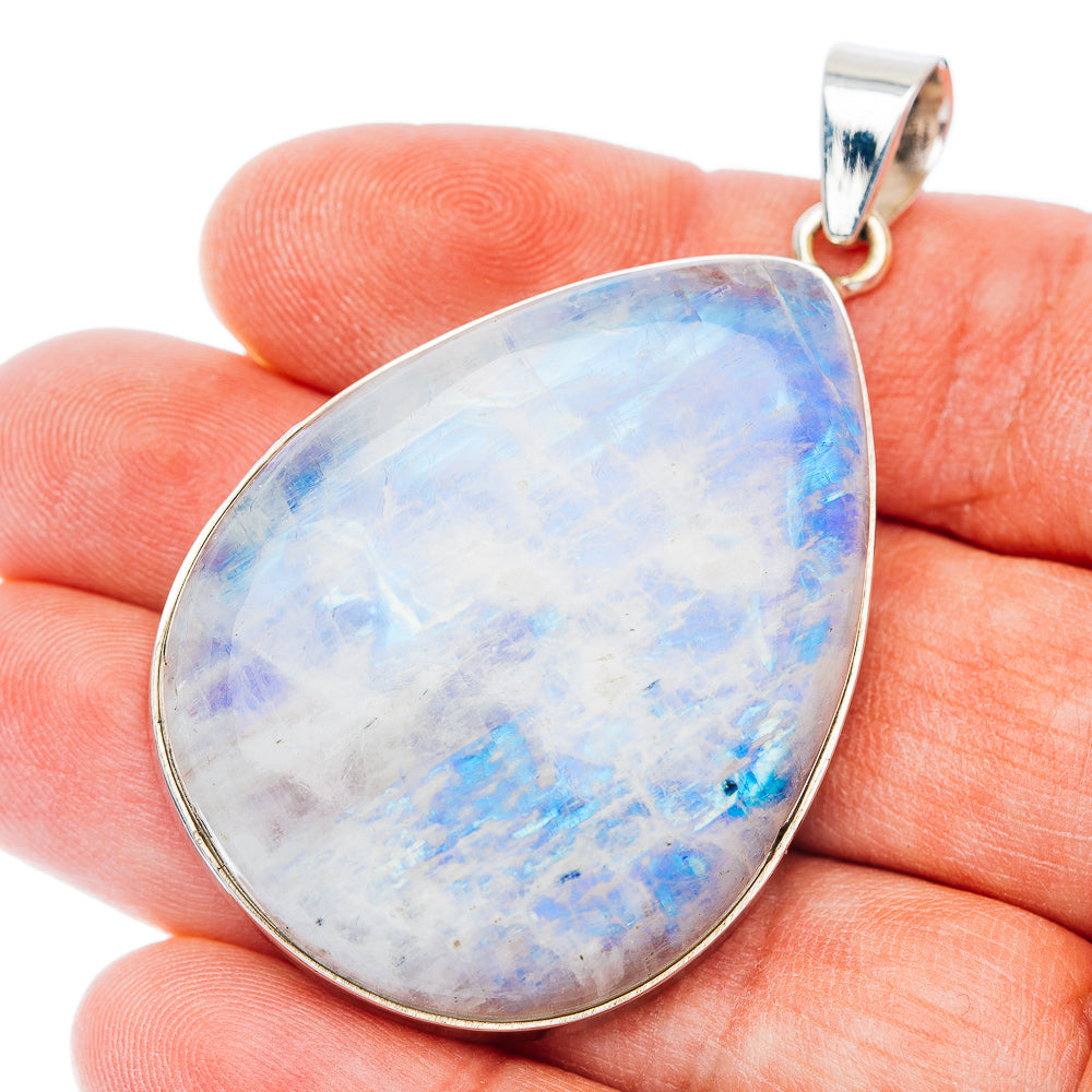 Large pear-shaped rainbow moonstone pendant, .925 sterling silver