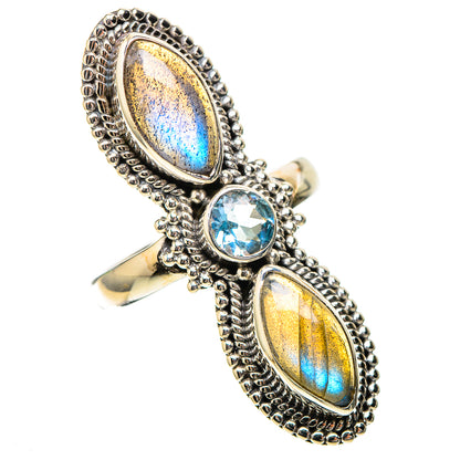 Large Labradorite, Blue Topaz Ring Size 7.25 (925 Sterling Silver) RING138020