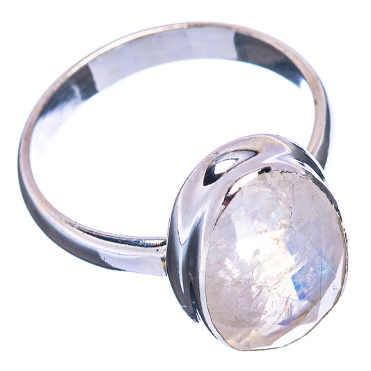 Oval moonstone ring in polished .925 sterling silver, faceted gem with iridescent flashes