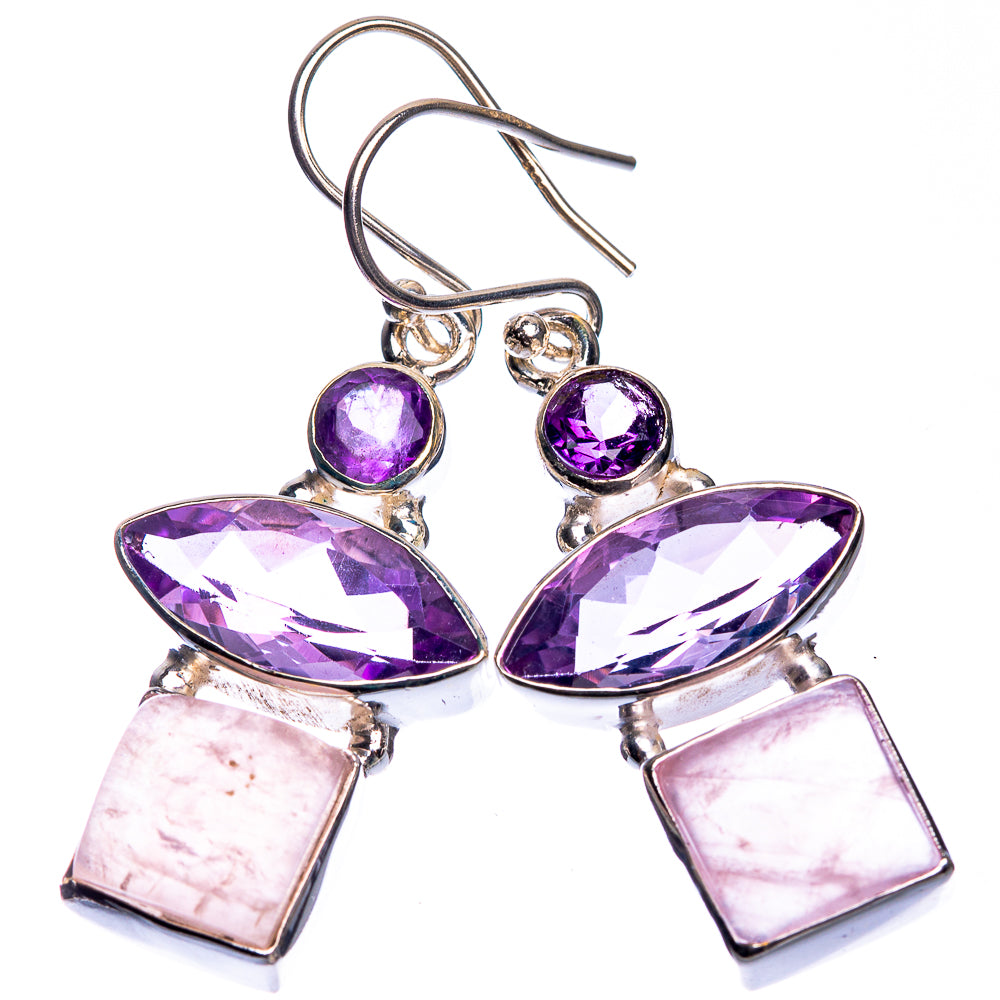 Amethyst and rose quartz drop earrings, round amethyst top, marquise and square dangles