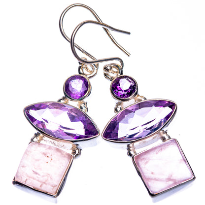 Amethyst and rose quartz drop earrings, round amethyst top, marquise and square dangles