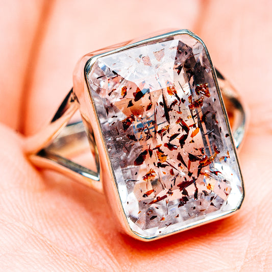 Lepidocrocite sterling silver ring with rectangular faceted stone and dark flecks