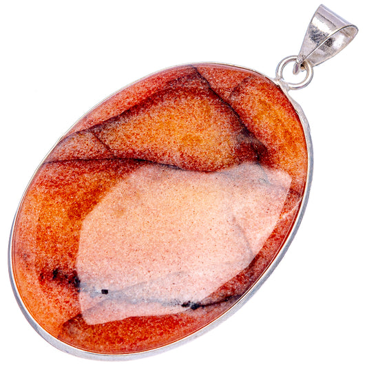 Silver-plated sunstone pendant with oval red-orange stone and dark veining, loop bail
