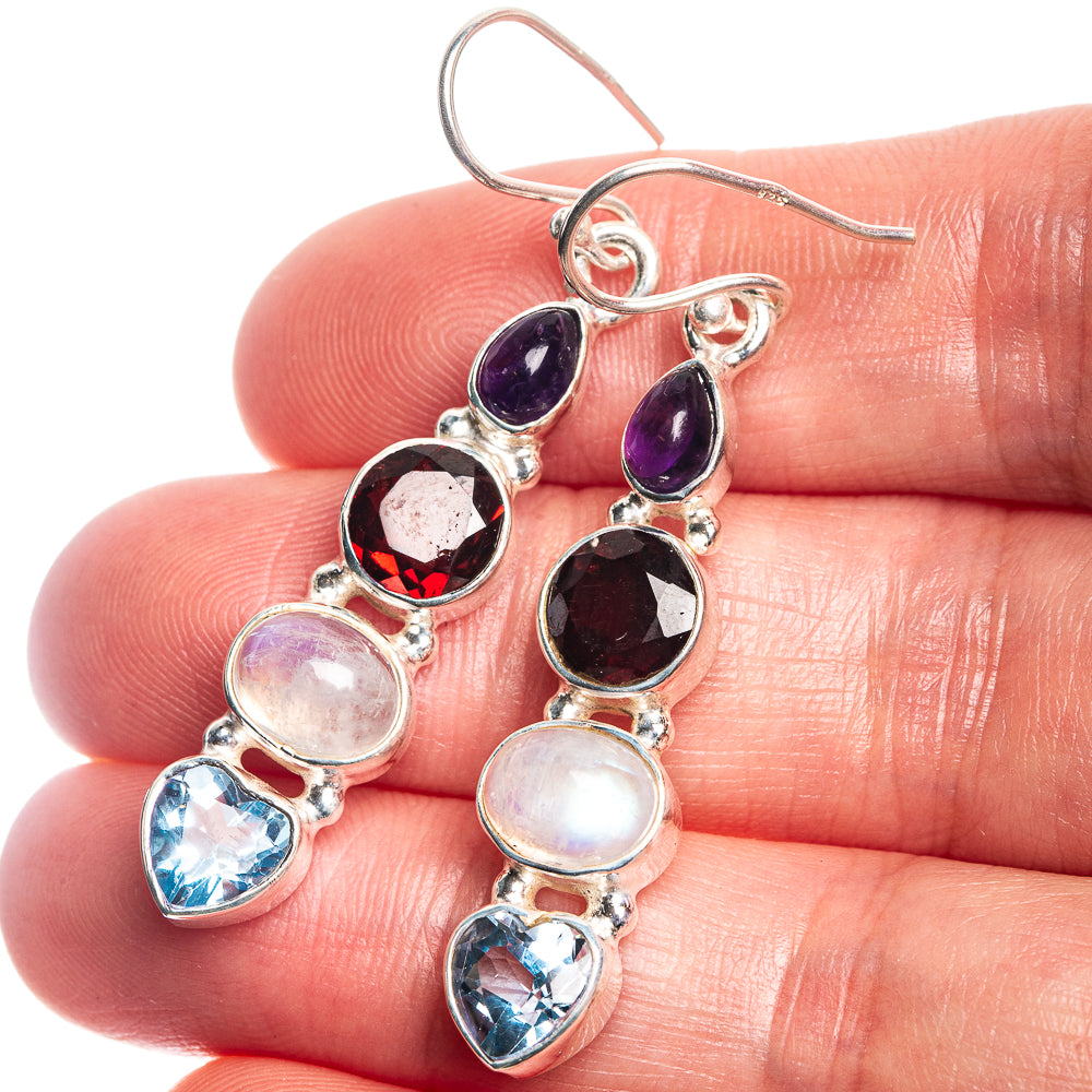 Rainbow Moonstone, Garnet, Blue Topaz, Amethyst Earrings 1 7/8" (925 Sterling Silver) E432984