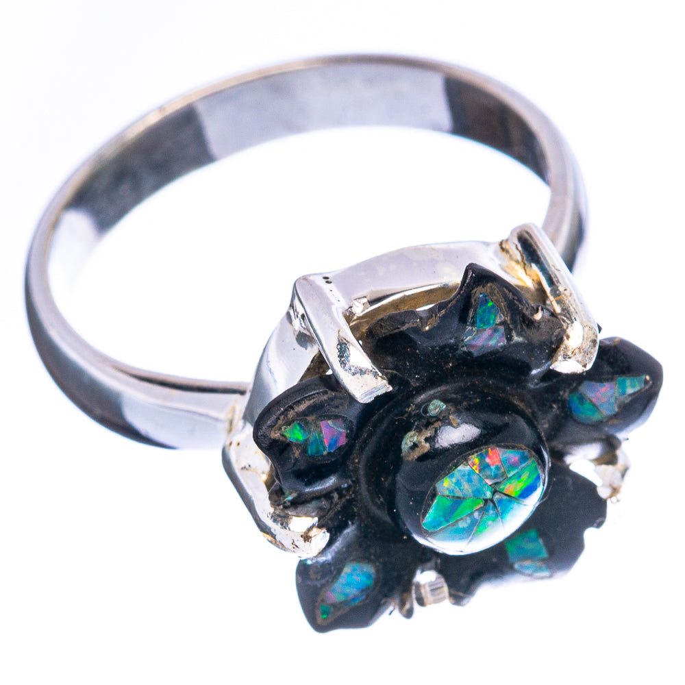 Rare Opal Black Onyx Flower Ring Size 7 (925 Sterling Silver) R2357