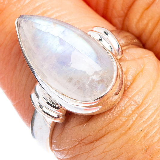 Sterling silver moonstone ring with oval rainbow moonstone, high-polish bezel
