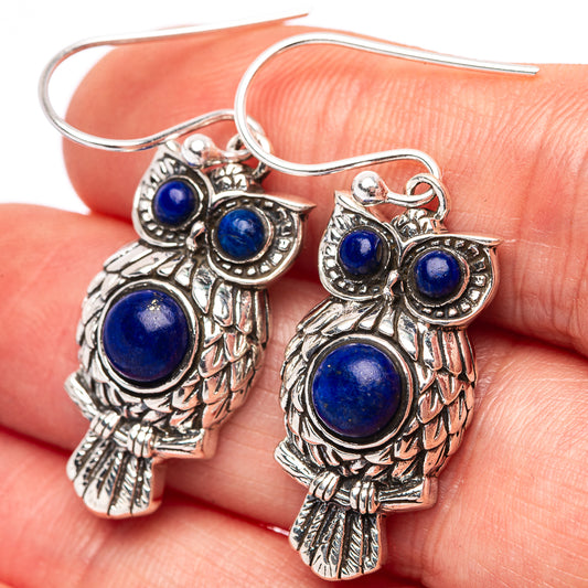 Sterling silver owl earrings with lapis lazuli blue cabochon stones, fishhook
