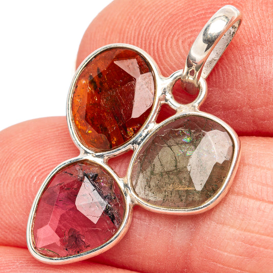Sterling silver tourmaline pendant with dark amber, gray-green, and ruby red stones
