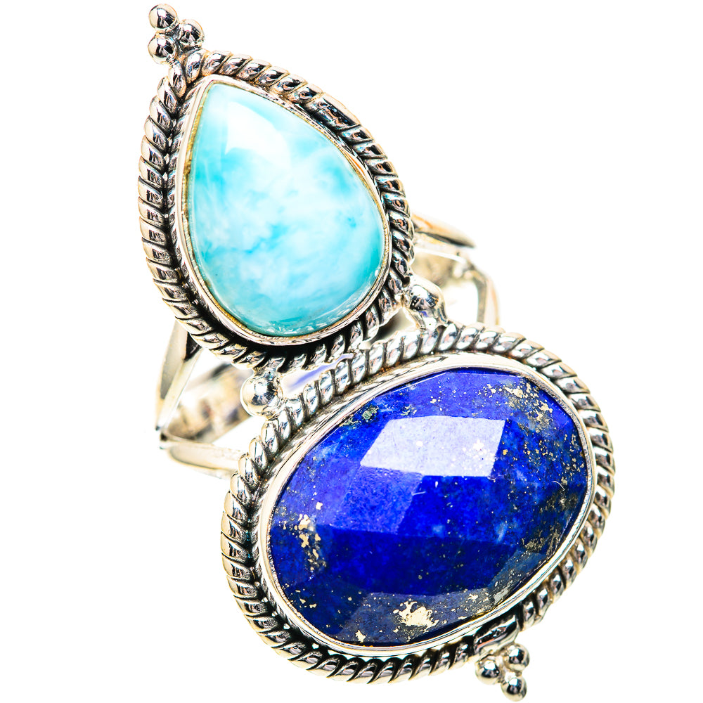 Larimar oval top stone and lapis lazuli oval bottom on sterling silver ring, braided