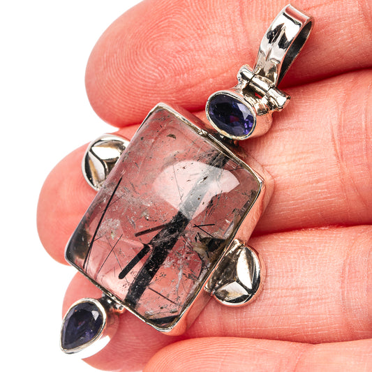 Sterling silver pendant with rectangular tourmalinated quartz and blue iolite stones