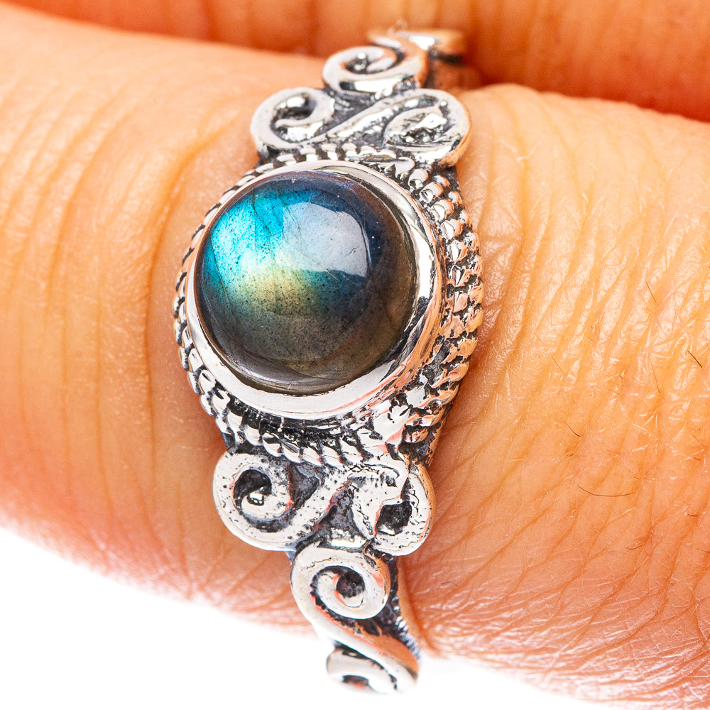 Sterling silver labradorite dainty ring with blue-green oval stone, ornate bezel