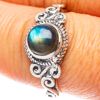 Sterling silver labradorite dainty ring with blue-green oval stone, ornate bezel