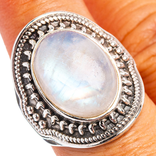 Oval rainbow moonstone ring, .925 sterling silver with ornate beaded bezel