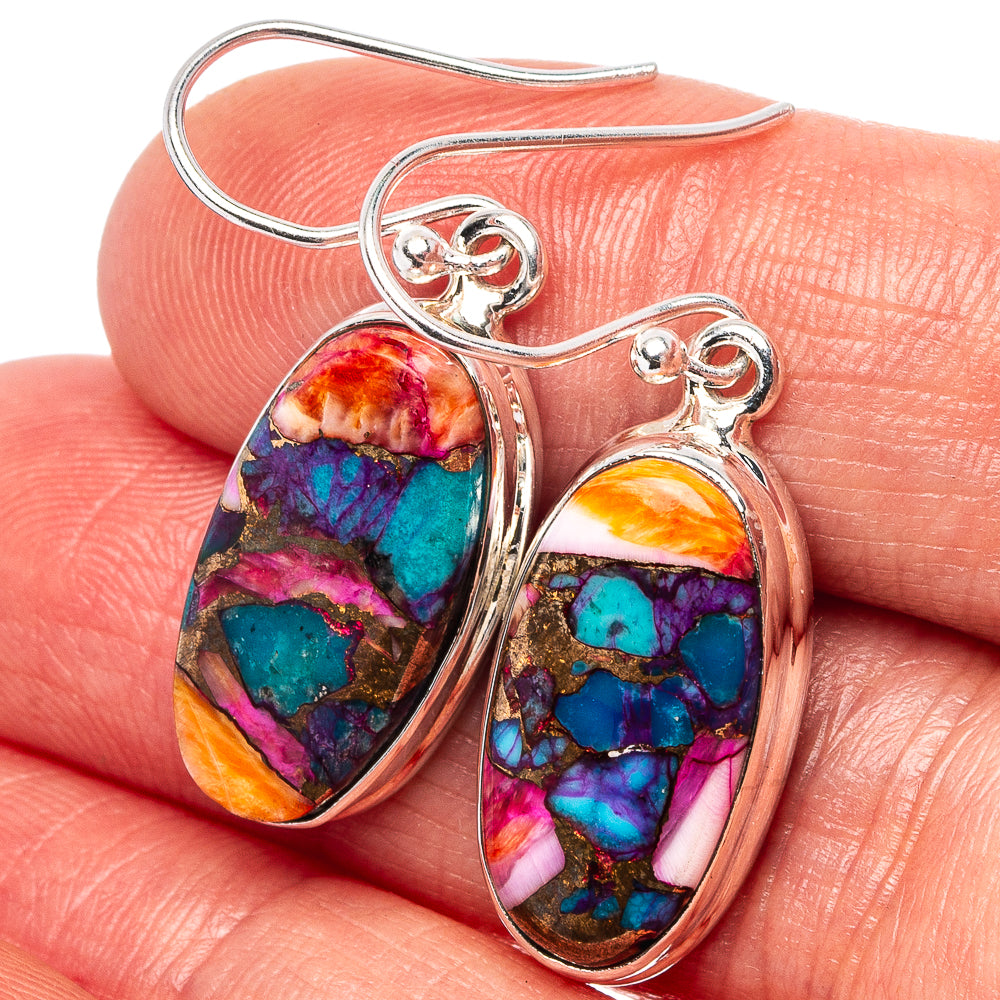 Oval multicolor turquoise inlay drop earrings with .925 sterling silver hooks