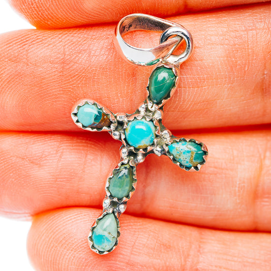 Southwestern Style Kingman Turquoise Cross Pendant 1 1/2" (.925 Sterling Silver)