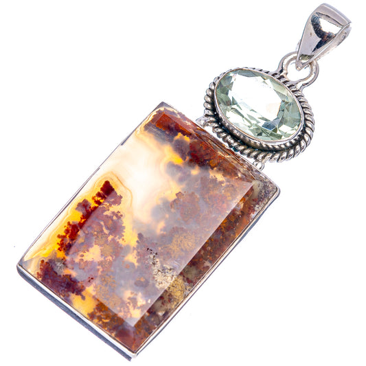 Sterling silver pendant featuring rectangular plume agate with green oval gemstone