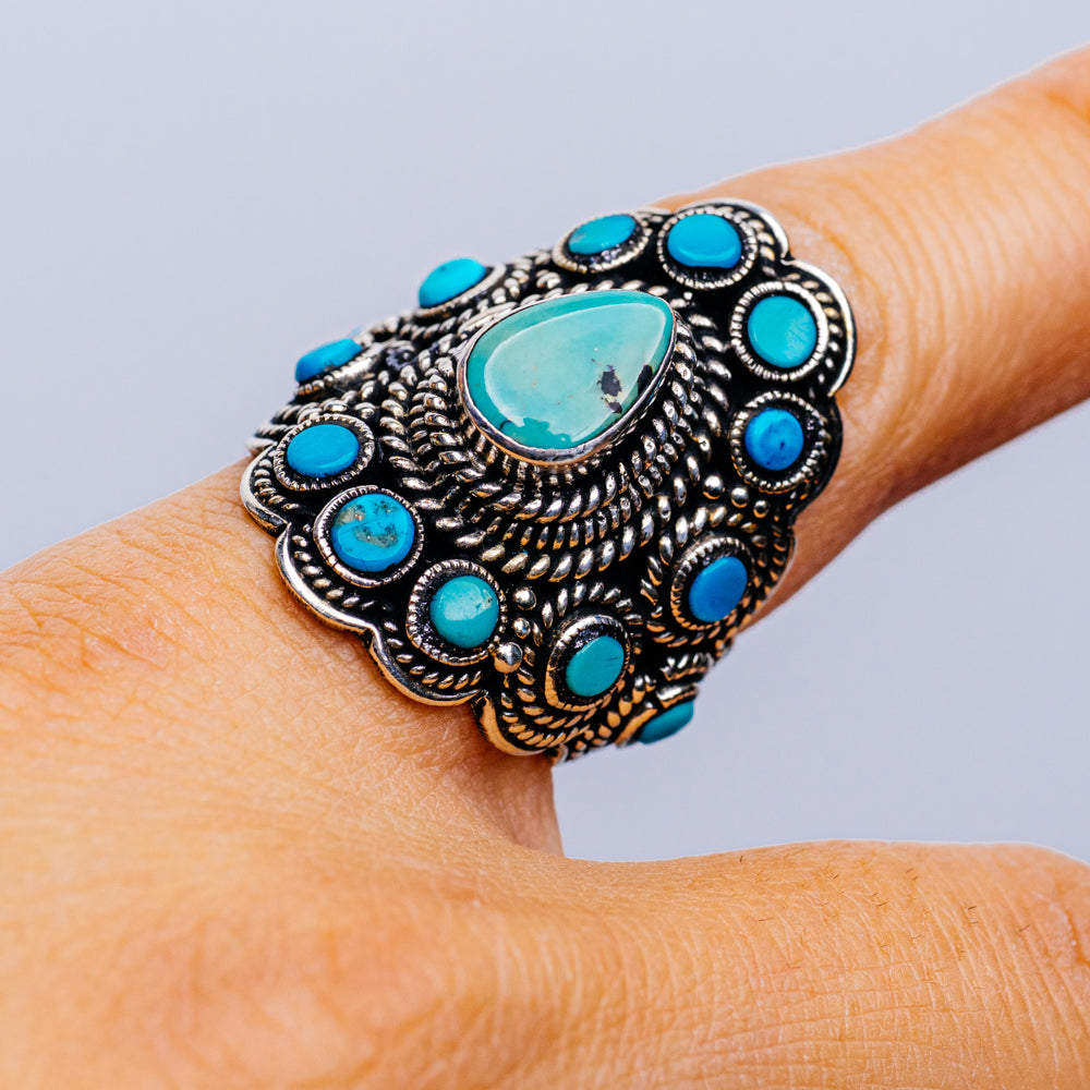 Tibetan Made Vintage Turquoise Ring Size 8 (.925 Sterling Silver)