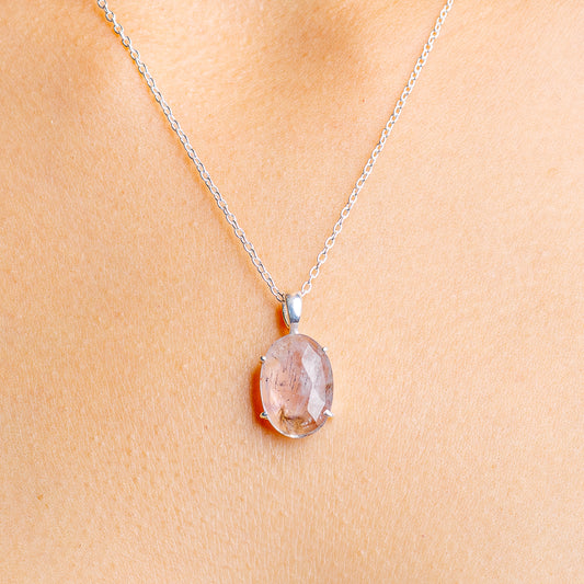 Rare cacoxenite pendant necklace with oval faceted pink stone on .925 silver chain