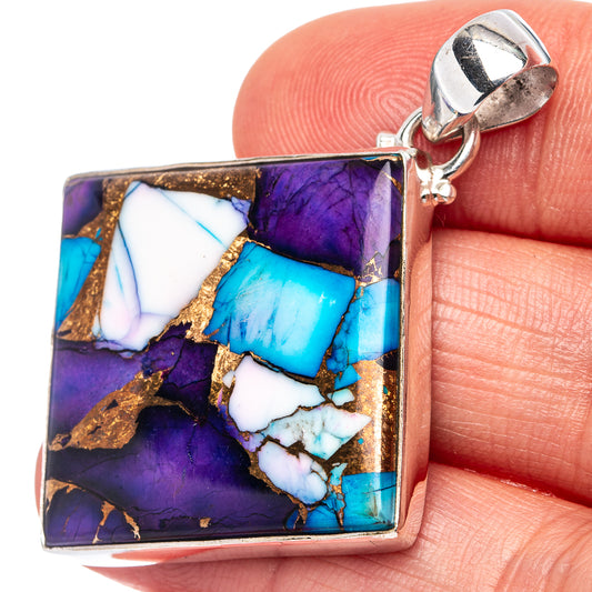 Sterling silver square pendant with purple, turquoise, and white mosaic inlay, top bail