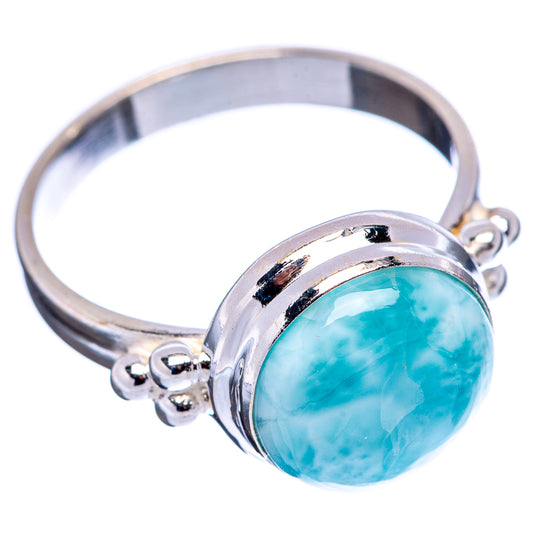 Oval larimar gemstone ring, .925 sterling silver band with blue-green stone, side view