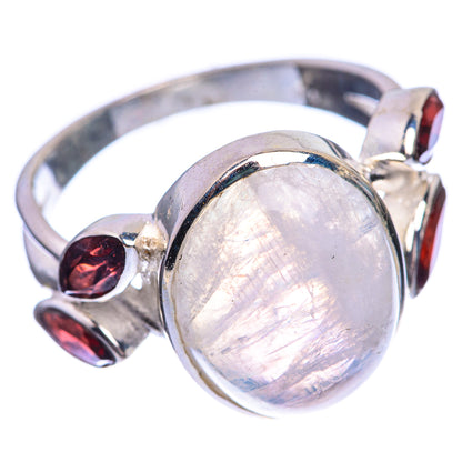 Rainbow Moonstone, Garnet 925 Sterling Silver Ring Size 9.25