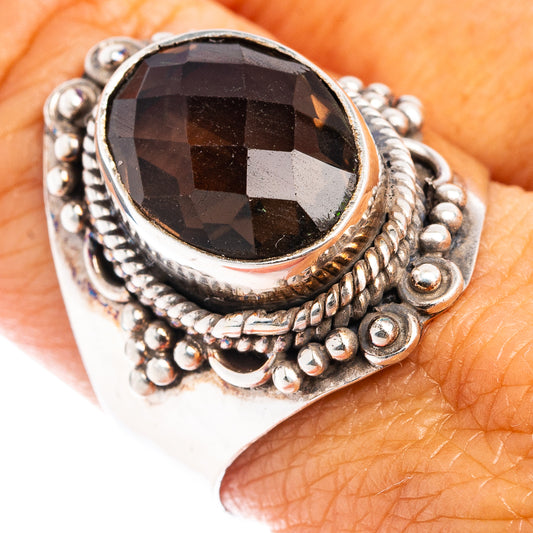 Smoky quartz ring, size 9.25, .925 sterling silver, faceted dark oval stone bezel